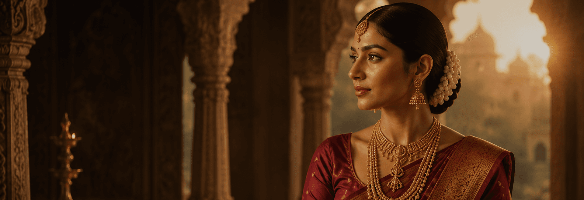 A woman adorned in traditional Bhima gold jewellery within a heritage temple