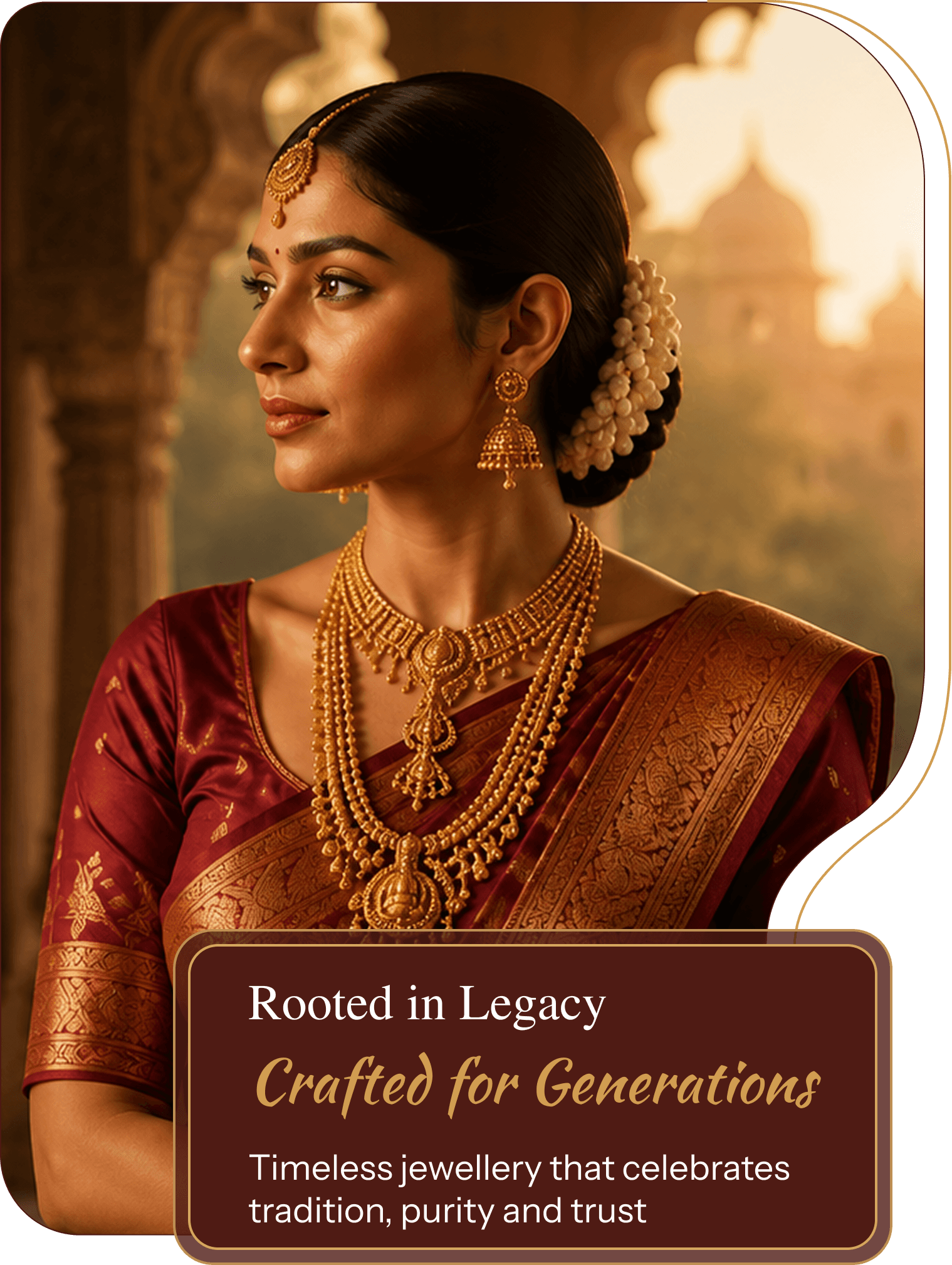 A woman in traditional Indian red bridal dress and rich gold necklace